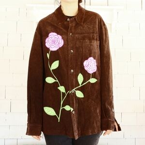 Hand Painted Brown Suede Jacket Flowers XL • 2XL